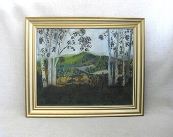 Naïve Landscape Painting, Original Vintage Framed Wall Art, Birch Aspen Woodlands Rustic Cabin Décor