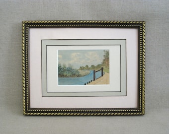 River Landscape Painting, Original Watercolor, Framed Vintage European Shoreline Wall Art