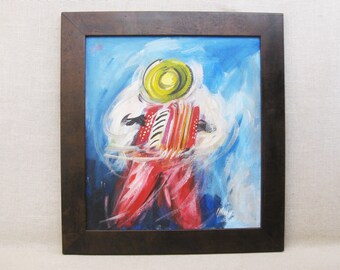Colorful Male Portrait, Original Oil Painting, Framed Accordion Player Wall Art Musical Home Décor