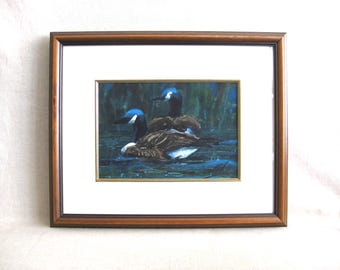 Vintage Wildlife Duck Painting, Framed Original Watercolor Bird Art, Nature Lake House Décor
