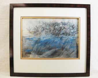 Mid-Century Vintage Abstract Landscape Watercolor Painting Framed Original Fine Art