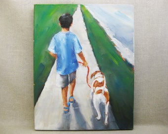Vintage Male Portrait Painting of Boy Walking his Dog, Contemporary Original Fine Art