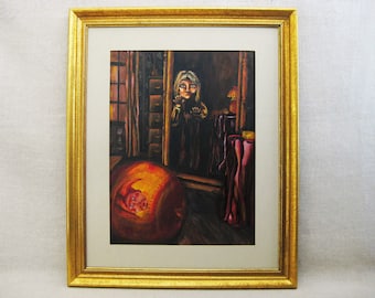 Dark Moody Surreal Female Portrait Drawing, Framed Original, Vintage Wall Art Odd and Unusual Gift