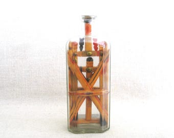 Outsider Folk Art Bottle Whimsey Sculpture, Antique Religious Tramp Art Wood Carving Assemblage