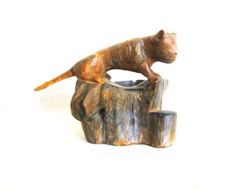 Antique Folk Art Bowl, Lion Cat Wood Carving, Primitive Figurative Rustic Cabin Décor
