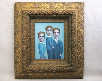 Surreal Male Portrait Painting of 3 Men Framed Original Fine Art Wall Decor in Antique Gold Frame