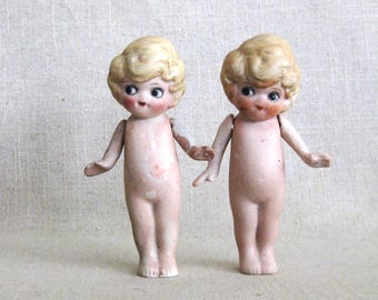 Vintage Bisque Penny Dolls Twins of Ceramic Females, Miniatures, Marked Japan