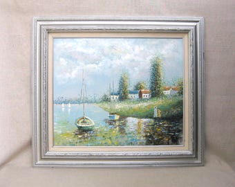 Vintage European Landscape Oil Painting, Framed Original Sailboats and Architecture