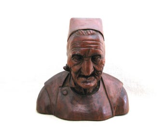 Folk Art Female Bust, Sculpture Wood Carving of Elderly Woman, Rustic Cabin Home Décor