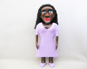 Folk Art Female Figure Sculpture, African American Vintage Wood Carving, Home Décor Art