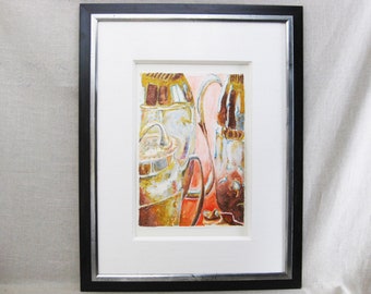Still Life Drawing Oil Cray Pas Silver Water Pitchers, Original Vintage Framed Wall Art Home Décor