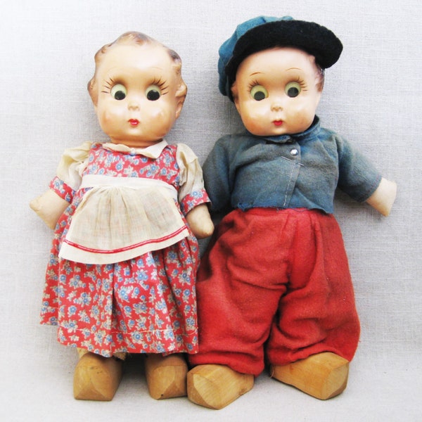 Pair of Vintage Goo Goo Eye Dolls Male and Female Dutch Style Antique Nursery Décor