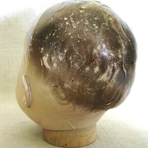 May include: Vintage doll head with painted features and brown hair. The head is mounted on a wooden base. The paint shows signs of wear, adding to its antique charm. The doll head is a collectible item.