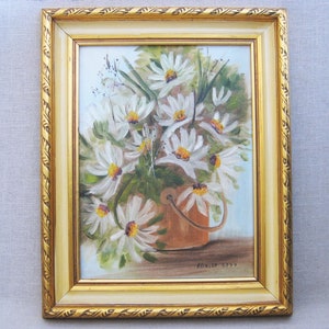 Daisy Floral Still Life Painting, Original White Flowers Framed Wall Art, Vintage Cottage and Farm Home Décor