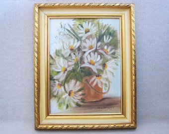 Daisy Floral Still Life Painting, Original White Flowers Framed Wall Art, Vintage Cottage and Farm Home Décor
