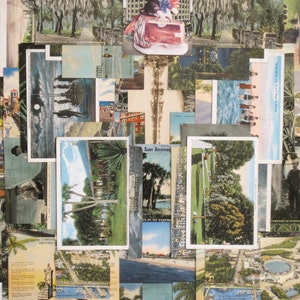 May include: A collection of vintage postcards featuring various scenes from St. Augustine, Florida. The postcards depict historical landmarks, scenic views, and local attractions. Some of the postcards feature text, including "St. Augustine", "Historic", and "The City of the Fountains".