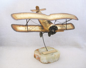 Vintage Metal Airplane Sculpture, Brutalist Brass Bi-Plane by Don Demott