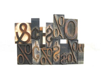 Letterpress Wood Block Dollar Sign and Percentage Symbol, Vintage Printing Assemblage and Mixed Media Supplies