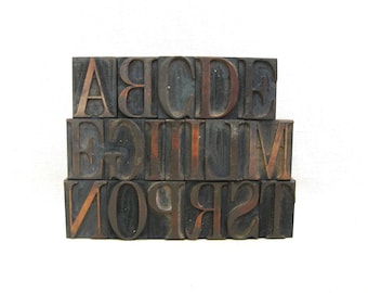 Letterpress Wood Block Alphabet, Vintage Printing Assemblage and Mixed Media Supplies