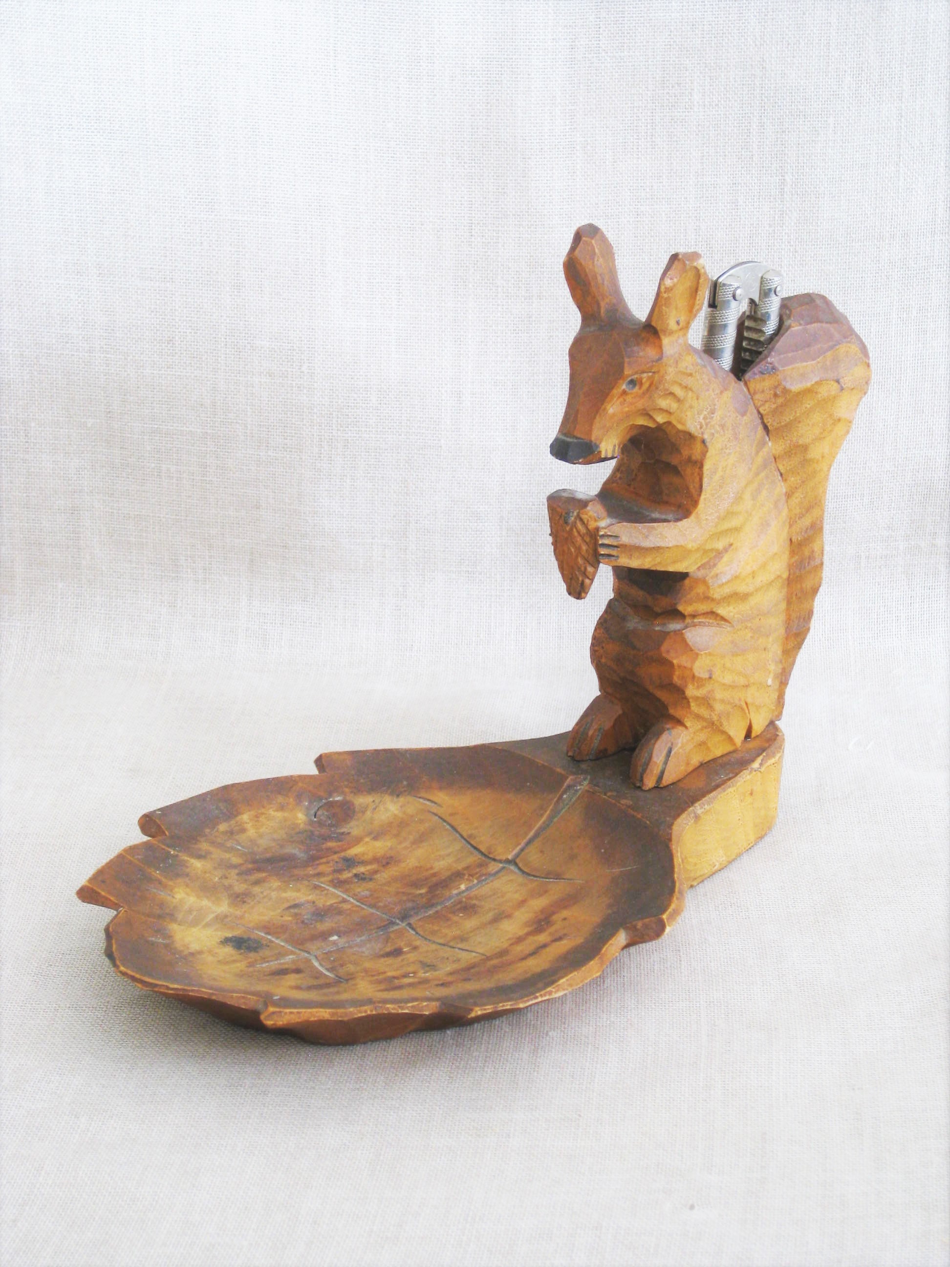 Vintage Carved Wooden Squirrel Nut Cracker On Leaf Shaped Dish
