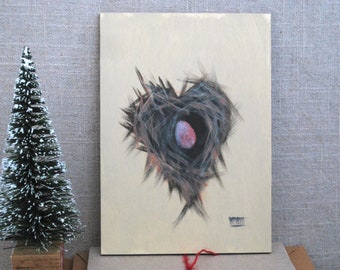 Original Birds Nest Painting, Wooden Postcard Greeting Heart Shaped Valentines Day Card Romantic Gift