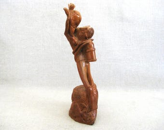 Carved Wood Scuba Diver Sculpture, Male Portrait Ocean Life, Sea Turtle Statue