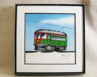 Train Car Watercolor Painting, Original Colorful Framed, George Sperl Wall Art, Nursery and Kids Room Décor