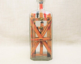 Vintage Folk Art Bottle Whimsey Sculpture Antique Religious Tramp Art Wood Carving Outsider Assemblage