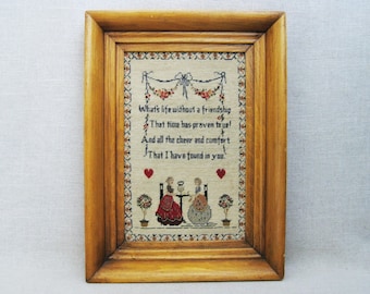 Vintage Needle Point Female Portrait Petit Point Framed Embroidery Friendship and Love Rustic Primitive Décor