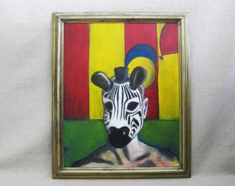 Surreal Male Portrait Painting Man in Zebra Mask Framed Original Fine Art Circus Theme Wall Art