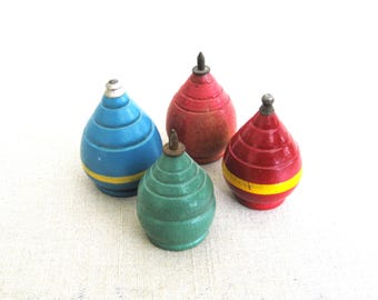 Colorful Wooden Top Toy Collection, Vintage Man Cave and Nursery Décor