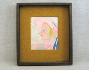 Naïve Female Portrait Folk Art Watercolor Painting, Framed Original Vintage Wall Art Primitive Home Décor