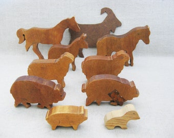 Primitive Farm Animal Toys, Wooden Horse Sheep Pigs Block Figures, Vintage Nursery, Farm and Cabin Home Décor