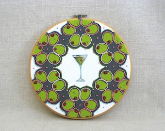 Hoop Art Hand Embroidery Martini Olives Cocktail Bar Décor