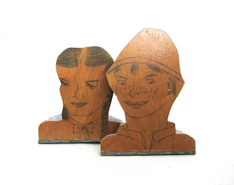 Vintage Folk Art Male Bust Bookends, Female Portrait Figure, Kids Room and Nursery Décor