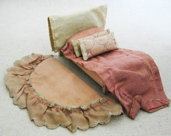 Vintage Dollhouse Bedding, Miniature Pillows and Blanket for Doll Bedroom