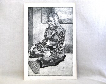 Female Portrait Engraving, Original Unframed Dated 1978 Black and White, Wall Art Décor