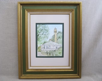 Architectural Florida Landscape Watercolor Painting, Framed Original Signed J Thompson, Tropical Home Décor