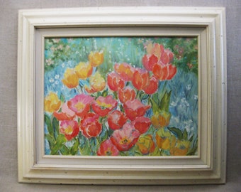 Vintage Flower Painting Floral Still Life of Pink Tulips Framed Floral Landscape Original Fine Art