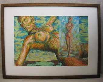 Contemporary Surreal Female Nude Portrait Drawing, Framed Original Oil Cray Pas, Vintage Wall Art Modern Home Décor