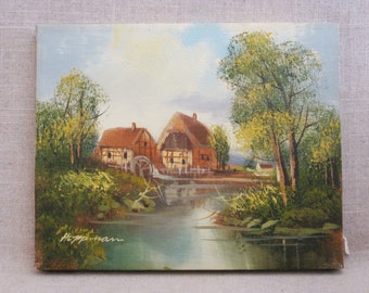 Vintage Country Landscape Painting of Cottage House Original Fine Art Wall Décor