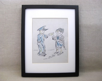 Mid-Century Comic Male Portrait Drawing, Original Framed Illustration Wall Art Vintage Kids Room Man Cave Décor