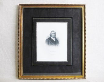 Vintage Male Portrait Engraving of Poet Coleridge Framed Fine Art Print Masculine Library Décor Black and Gold