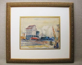 Industrial Landscape Watercolor Painting, Original Architecture Framed Vintage Fine Art Rustic Wall Art