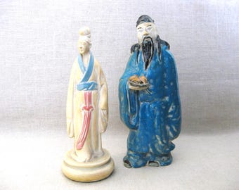 Vintage Asian Figurines, Male Shou Xing Longevity Female Portrait Sculpture Signed Ruben Kupur Chinoiseries
