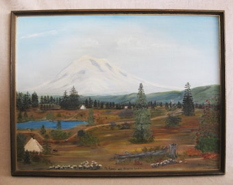 Mountain Landscape Painting, Original Western USA, Framed Mt Adams Surprise Lake, Rustic Home Décor Gift
