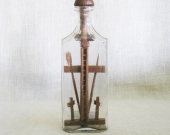 Vintage Folk Art Bottle Whimsy Sculpture Wood Carving Antique Religious Tramp Outsider Cross