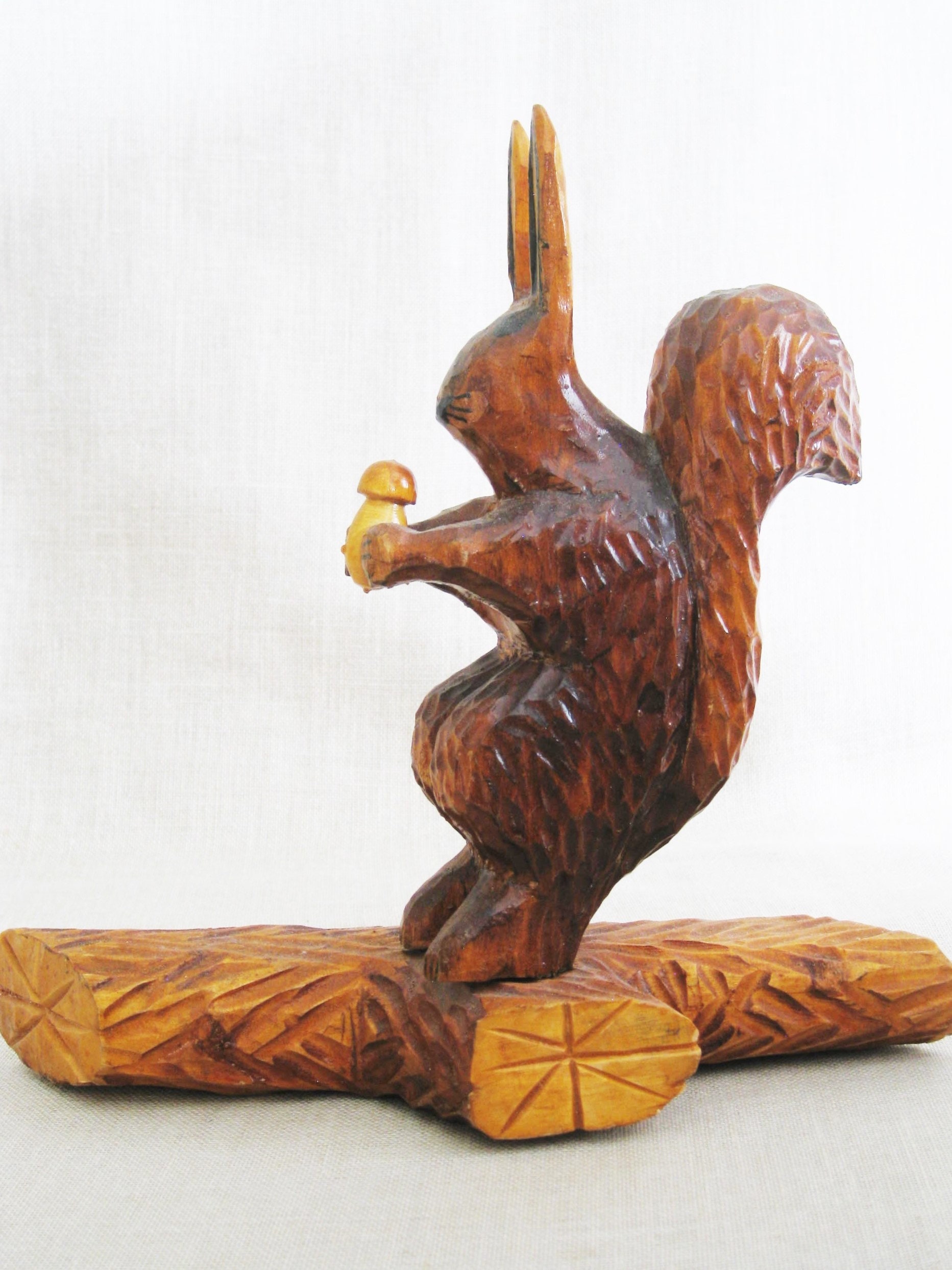 Vintage Folk Art Squirrel Wood Carving, Hand Carved Animals, Rustic