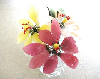 Yellow and Pink Glass Flowers on Stem, Floral Supplies, Vintage Arts and Craft, Assemblage