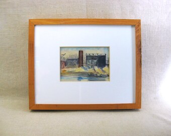 Mid-Century Industrial Landscape Watercolor Painting, Original Urban Waterfront Architecture Framed Vintage Housewarming Gift